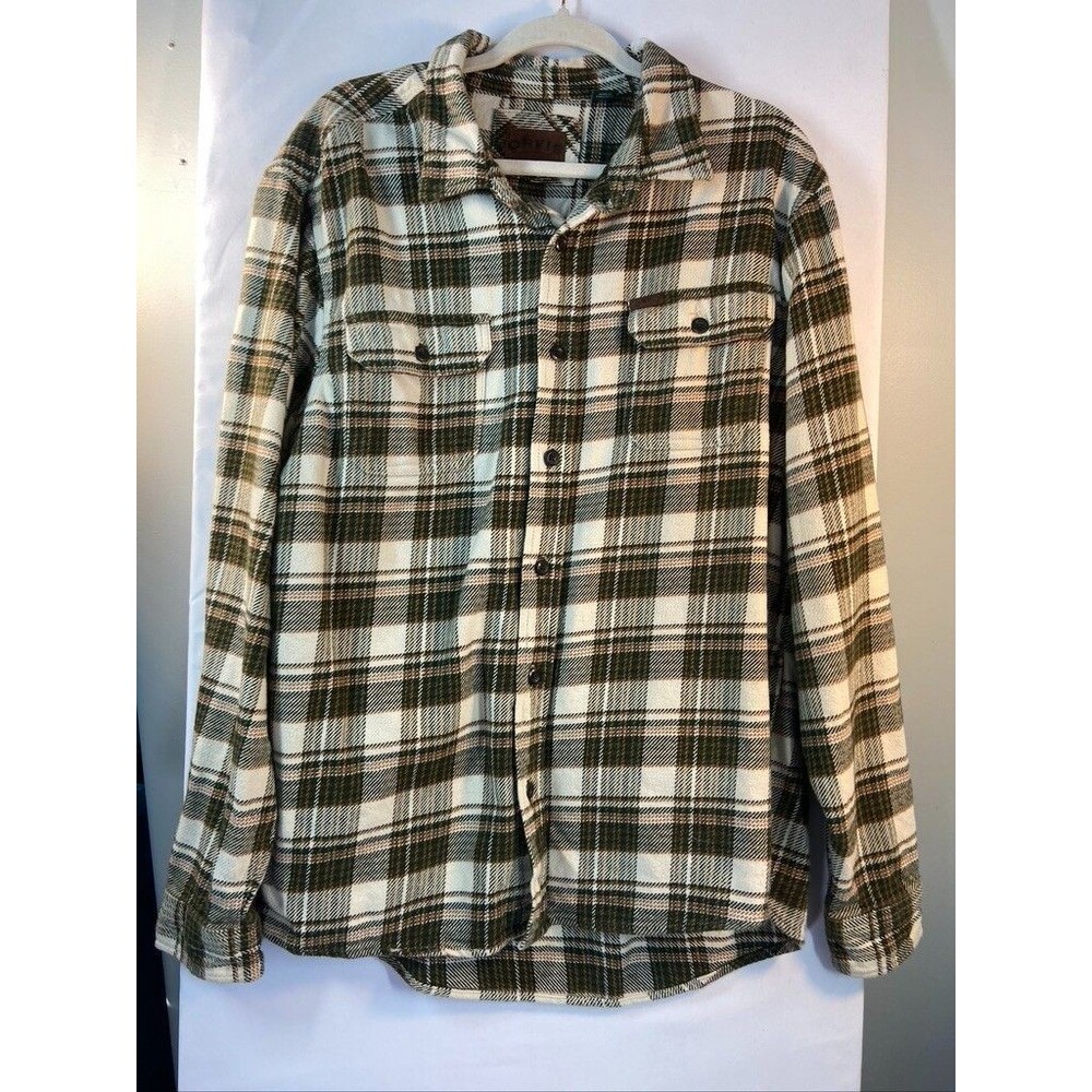 ORVIS MENS XLARGE HEAVY BROWN PLAID FLANNEN SHIRT LONG SLEEVE SIDE POCKETS